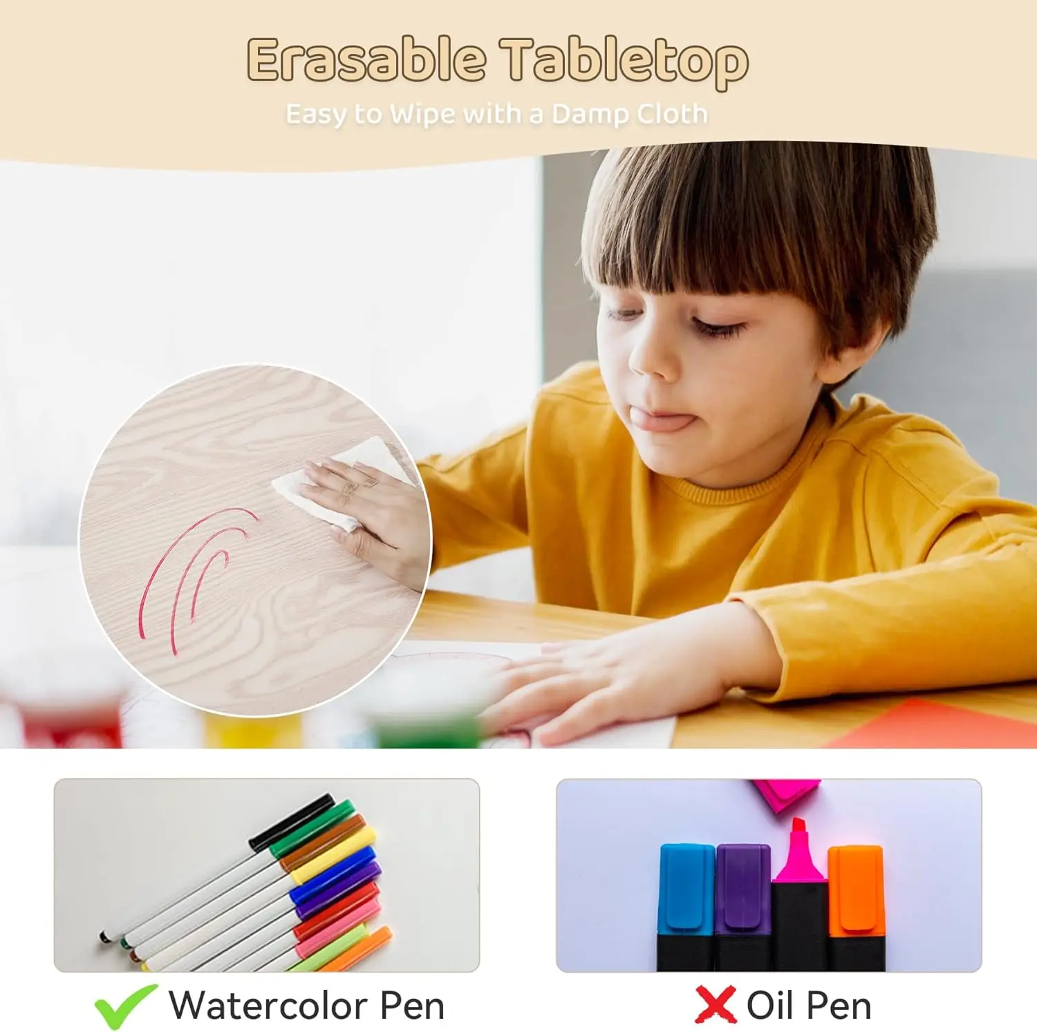 Height-Adjustable Kids Table & 4 Chairs with Graffiti Desk, 31.5'L x 23.6'W for Daycare, Classroom, Home