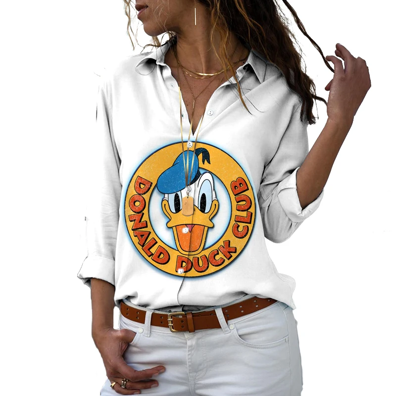 

Donald Duck Mickey Minnie Animation 2024 Spring New Harajuku Fashion Lapel Long Sleeve Single Breasted Casual Shirt Y2K