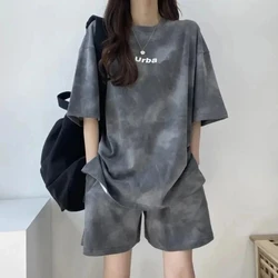 2024 Summer Women Clothing Set Short Sleeve Tshirt+Shorts 2Pcs Camouflage Tie-Dyed Loose Tees Tops Sports Casual Suit New