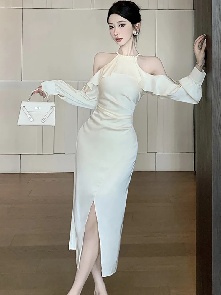 Autumn Winter White Satin Ruffled Neck-mounted Sexy Dress Women Elegant Luxury Evening Dress 2025 Korean Vintage Bodycon Dresses