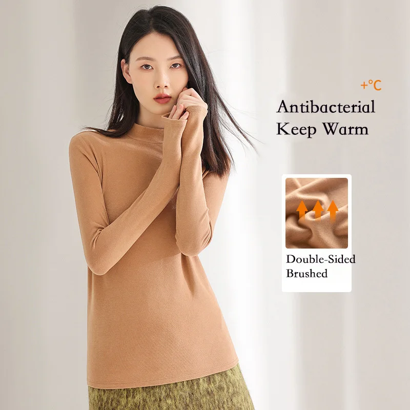 Double-Sided Brushed Thick T-shirt Winter Wool Self Heating Turtleneck Pile Collar Long Sleeve Warm Undershirt