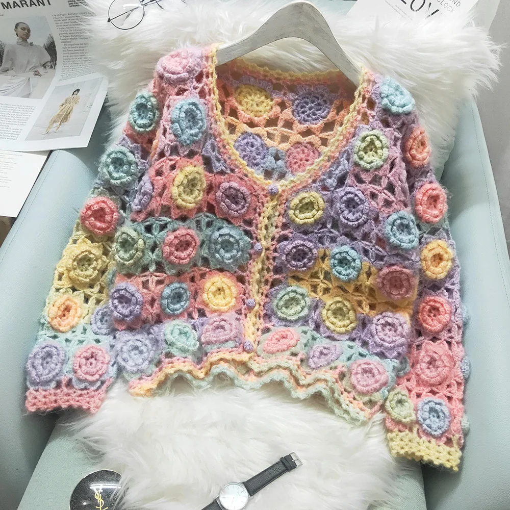 2023 Autumn Winter New Design Knitwear Heavy Industry Manual Rose Crocheted Hollow-out Knitted Cardigan Sweater Top Coat Women