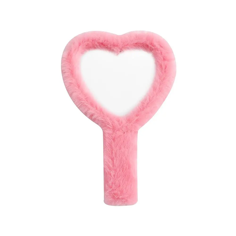 Portable Love Hand Mirror Korean Plush Handle Compact Handheld Mirror Cute Heart-shaped Makeup Tool Women