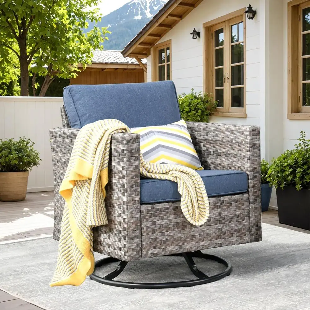 

Blue Outdoor Wicker Rocking Chair with Cushions for Patio, Porch, or Garden