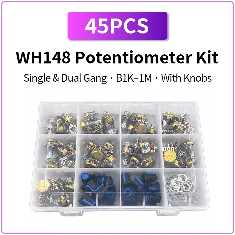45PCS Potentiometer Assortment Kit Single Dual Gang Rotary Potentiometer B1K-1M With Knobs