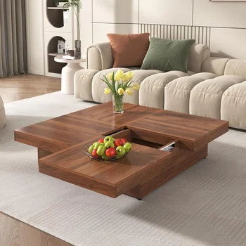 Image 39.4-inch Square Coffee Table with Sliding Top Marble Finish and 4 Ample Storage Spaces Suitable for Living Room Home Furniture