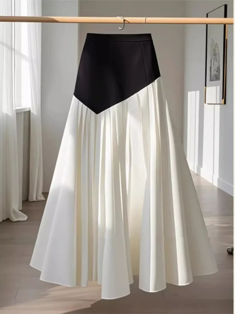 Temperament Contrasting Color Slim Fit A-line Umbrella Skirt Faldas Mujer Vintage Long Pleated Skirts Y2k New Spring