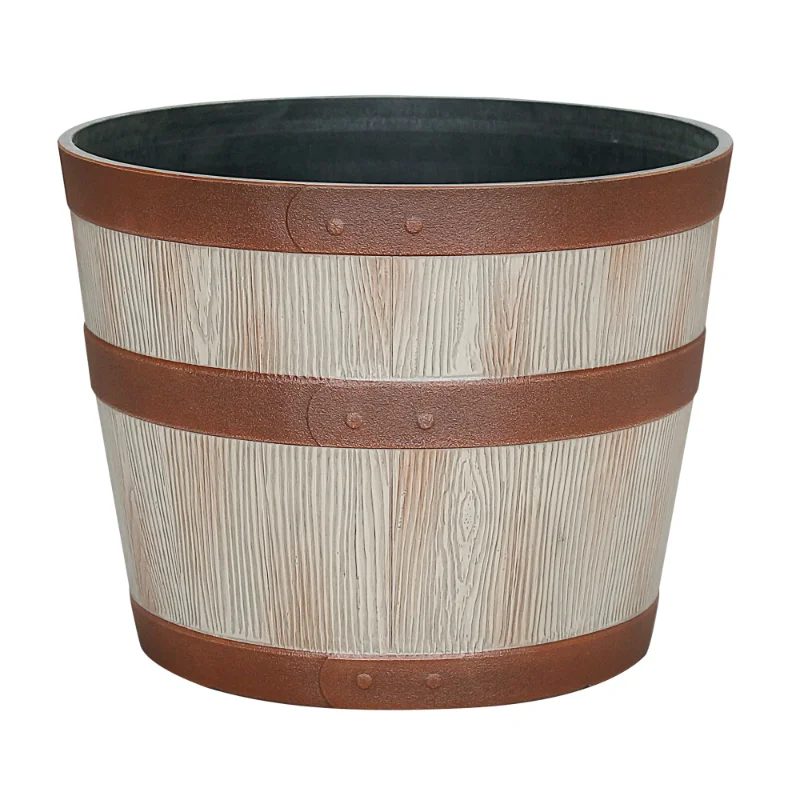 Whiskyfass-Pflanzgefäß aus hellbraunem Kunstharz, 12,8 Zoll x 12,8 Zoll x 9,9 Zoll. Heißer Verkauf. HOME.