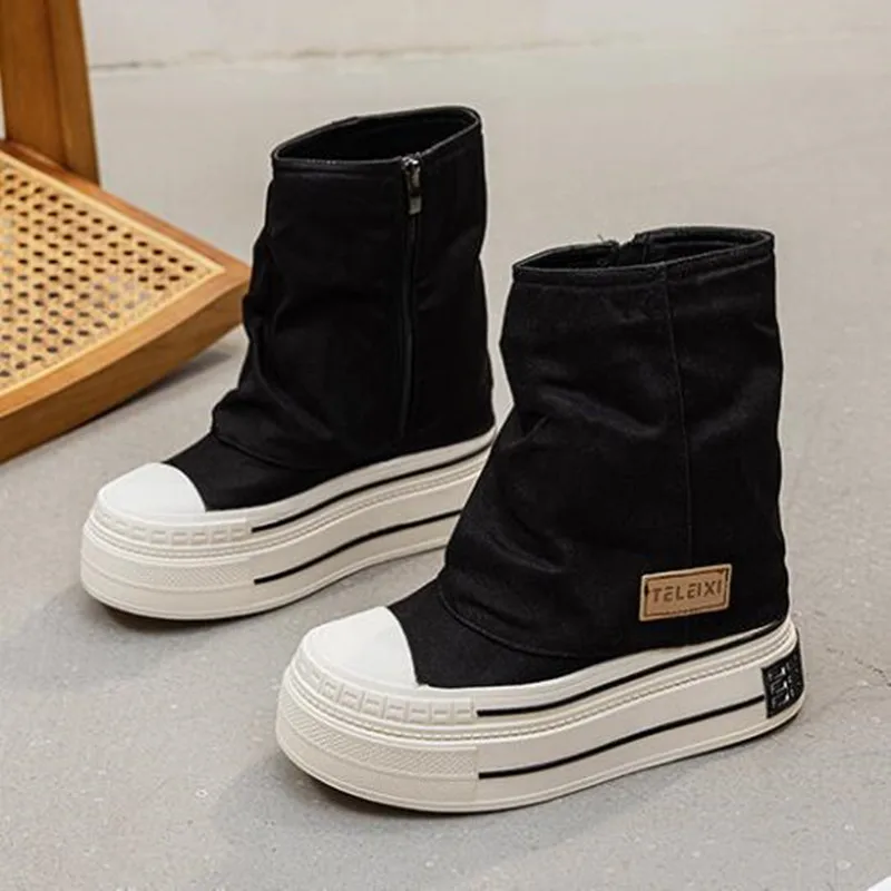 

Women's Canvas Shoes New Fashion Spring Autumn Style Short Boots Thick Heel Inner Heightening 12cm Board Design Sensation Boots