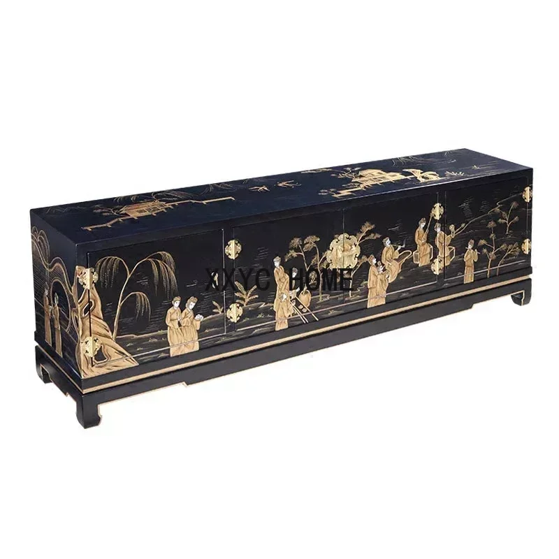 Modern New Chinese Style Black Gold Painting New National Fashion Retro Style Solid Wood Living Room TV Floor Cabinet Film