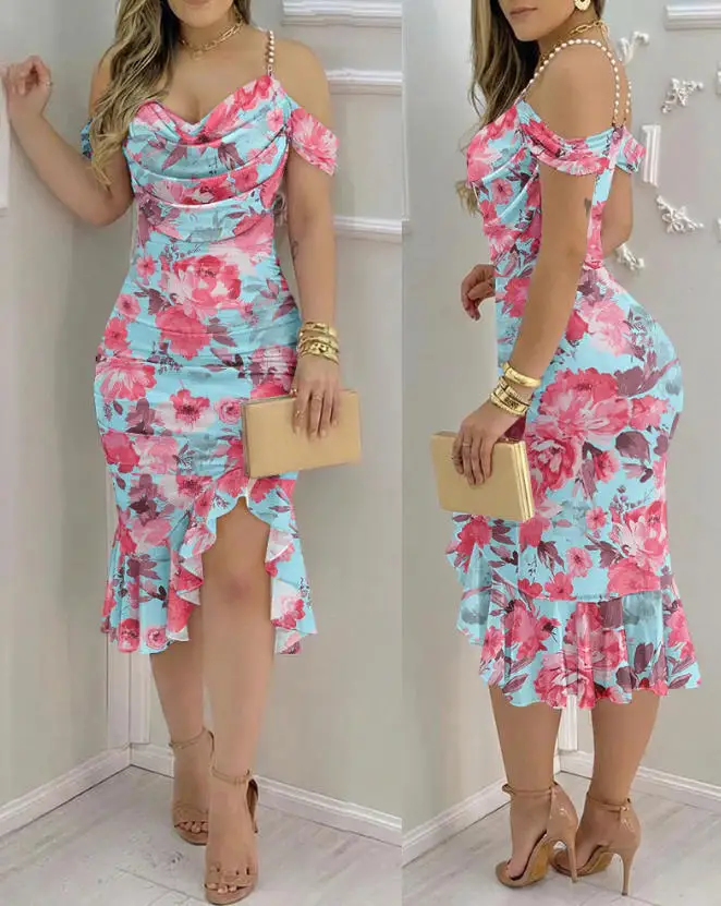 

Women's Dress 2026 Spring New Floral Mesh Midi Dress Pearl Strap Cowl Neck Ruffle Hem Slit Bodycon Vacation Party Dress