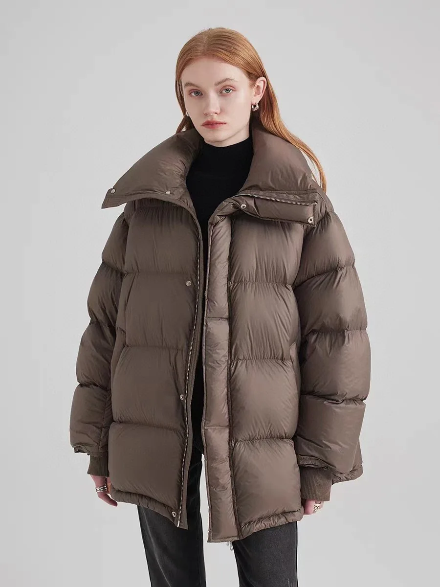 

2025 зимняя мода премиум-класса, утолщенный женский пуховик средней длины из 90% белого утиного пуха с большим воротником с лацканами