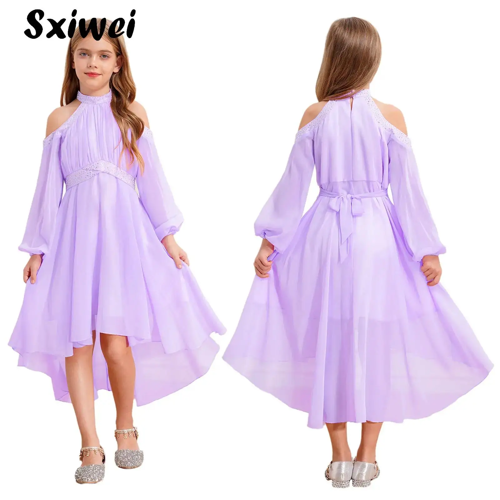 

Girls Party Dress Elegant Cold Shoulder Princess Wedding Birthday Flower Girl Bridesmaids Dresses A Line Chiffon Skater Dress