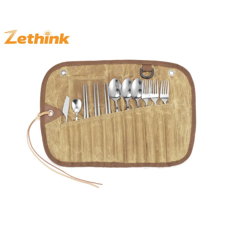 حقيبة تخزين أدوات المائدة للتخييم مع ملعقة من الفولاذ المقاوم للصدأ وعيدان تناول الطعام ومواد قماش مشمعة