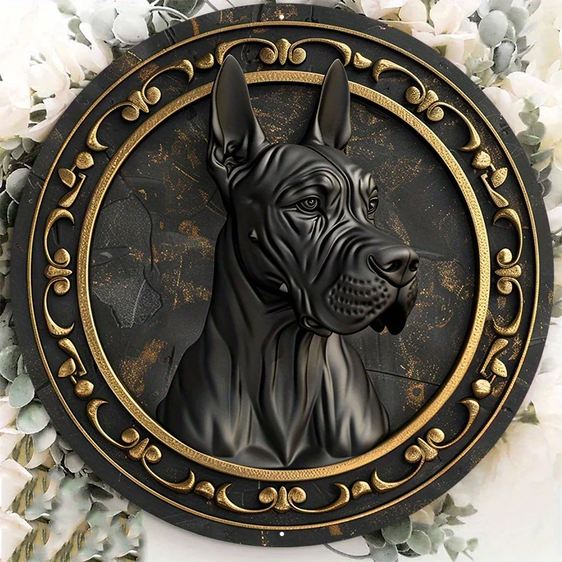 1pc 8x8inch Aluminum Metal Sign Circular Metal Plaque Decoration Great Dane Dog Portrait On Black And Golden Wooden Plate Lf