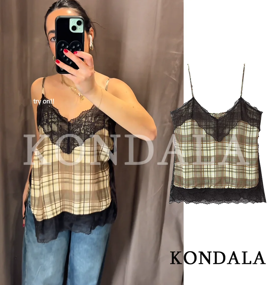 KONDALA Elegante Urlaubs-Karo-Tops für Damen: Trendiges Trägertop mit Spitzenbesatz – Neu für Frühling/Sommer 2026 – Modisches Vintage-Freizeit-Oberteil für Damen