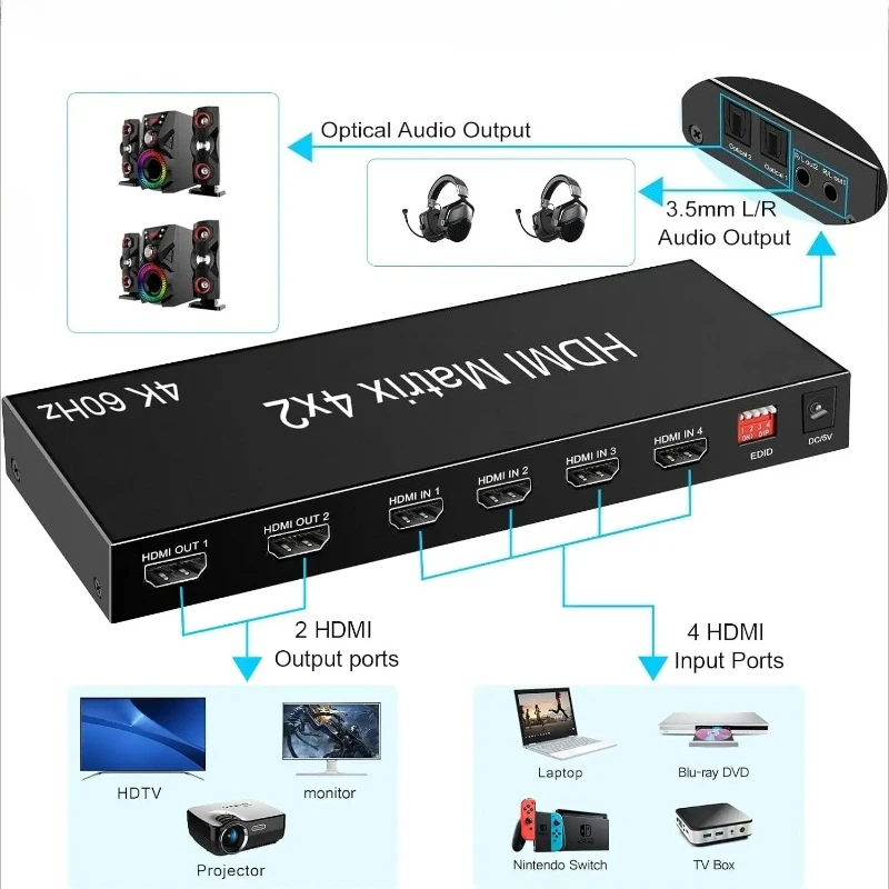 4K 60Hz HD Matrix Switcher 4 in 2 out HDTV 2.0 Switch Splitter 4x2 with Optical 3.5mm Audio Extractor Converter HDCP2.2 EDID