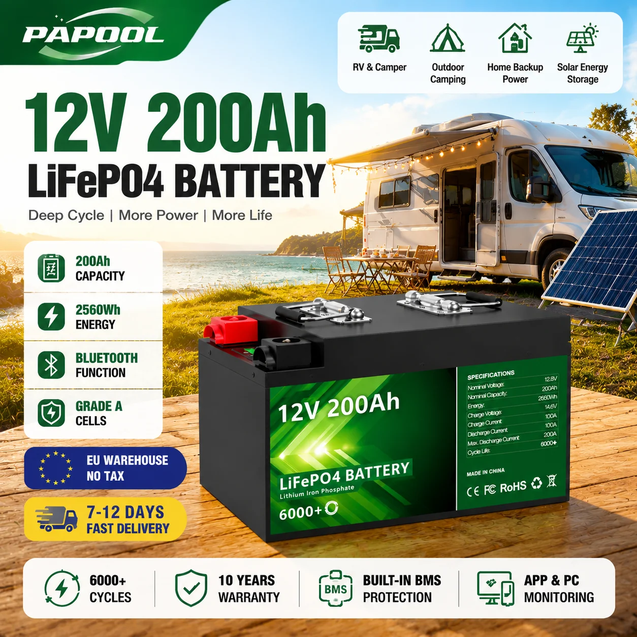 LiFePO4 12V 200Ah Akku mit Bluetooth BMS, 6000 Zyklen, Grade-A-Zellen, 12,8V 300Ah Lithium-Batterie für Wohnmobile, Boote, Heimsolar, EU-Lagerbestand