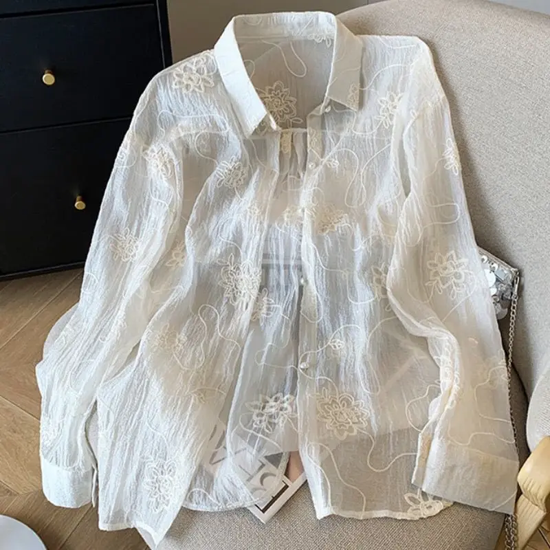 

Casual Thin Long Sleeve Embroidery All-match Blouse Summer New Polo Neck Solid Korean Shirt Tops Fashion Elegant Women Clothing