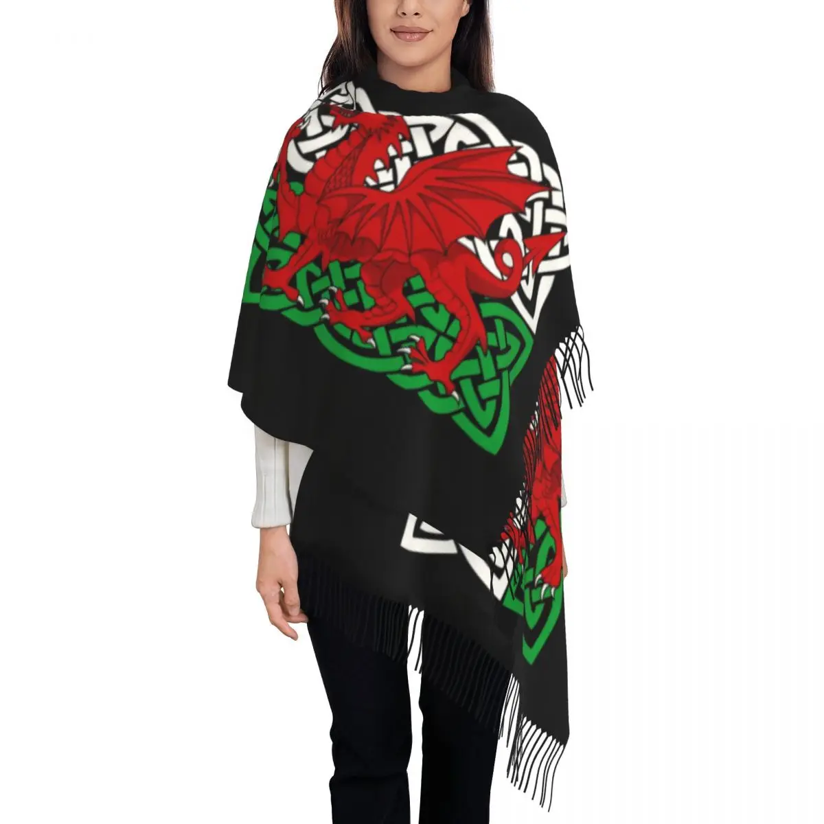 Red Dragon Wales Cymru Flag Scarf Wrap Women Long Winter Warm Tassel Shawl Unisex Welsh Proud Scarves