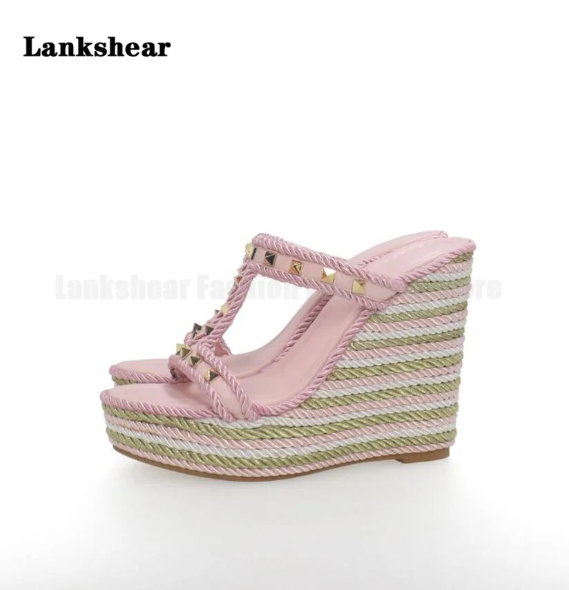 Gold Studs Pink Wedge High Heel Slippers Ladies Hemp Rope Sole Luxury Sandals Outdoor Shoes Fashion Hollow Design New In