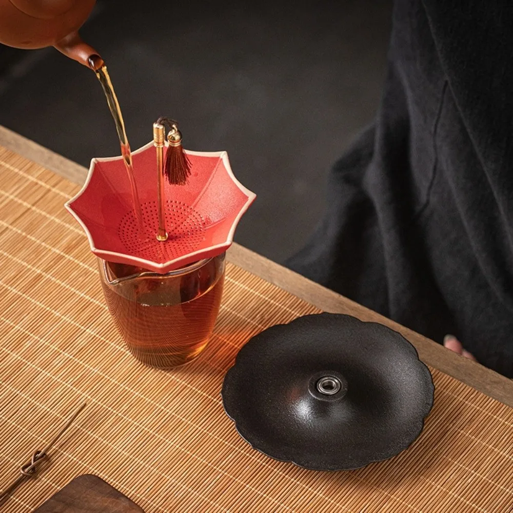 Ceramic Umbrella Tea Strainer Chinese Style Traditional Tea Infuser Tea Tray Set Exquisite with Tassel