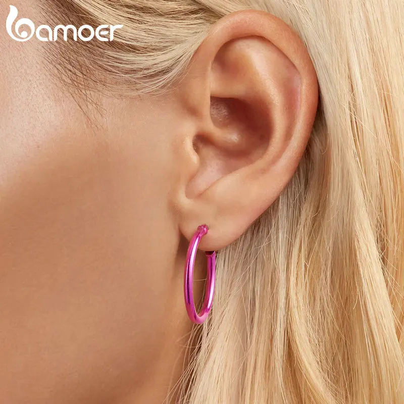 Bamoer 925 Sterling Silver Electroplating Orange/Blue/Rose Red/golden Ear Buckles for Women Simple Anti-allergy Hoop Earring