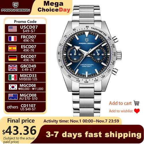 PAGANI DESIGN 2024 nuevo reloj de cuarzo de lujo con forma de luna y flecha ancha para hombre, cronógrafo deportivo Retro VK64 AR con cristal de zafiro