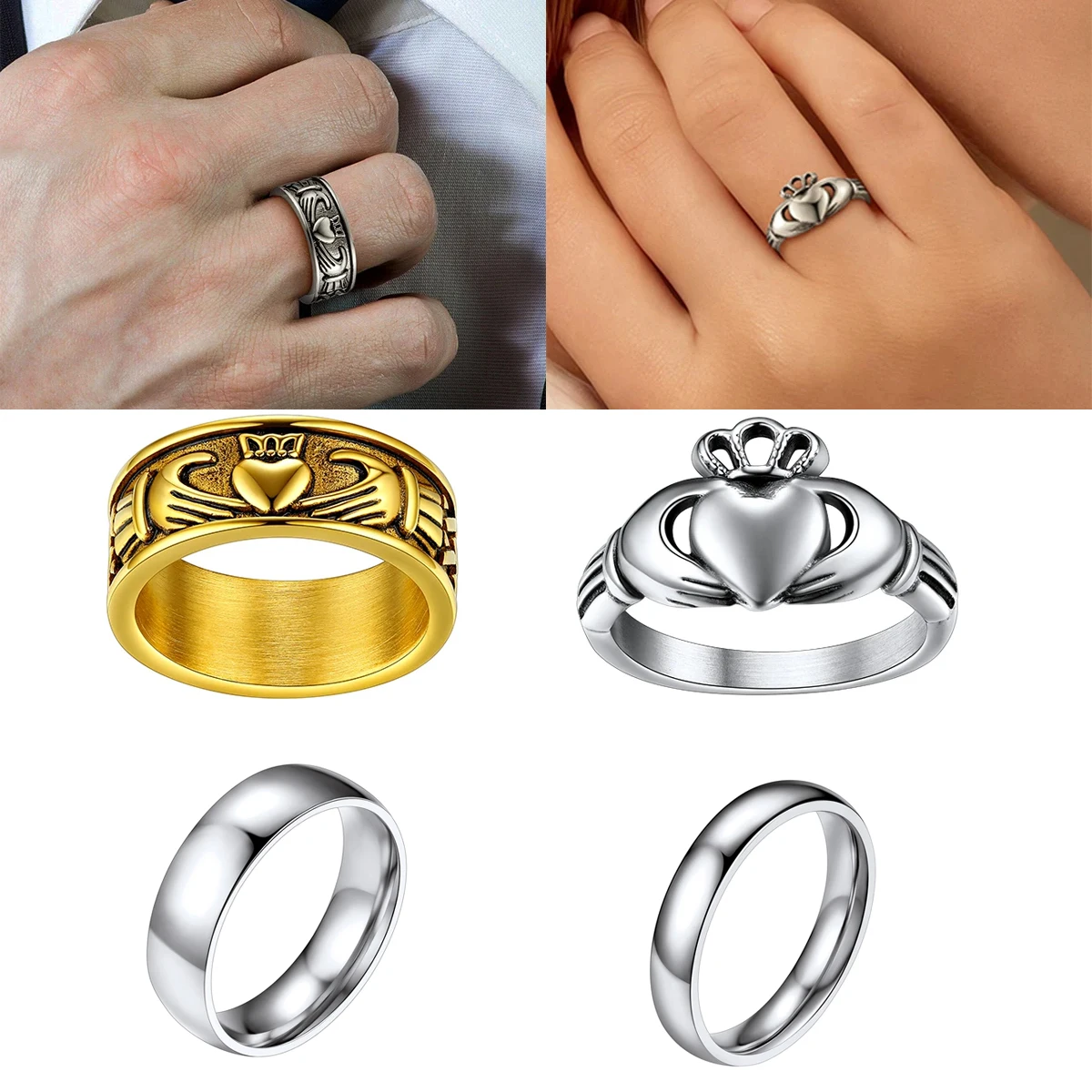 U7 Classic Wedding Rings 4/6mm Flat Band Plain Rings Claddagh Rings Love Loyalty 316L Stainless Steel Irish Couple Jewelry Gift