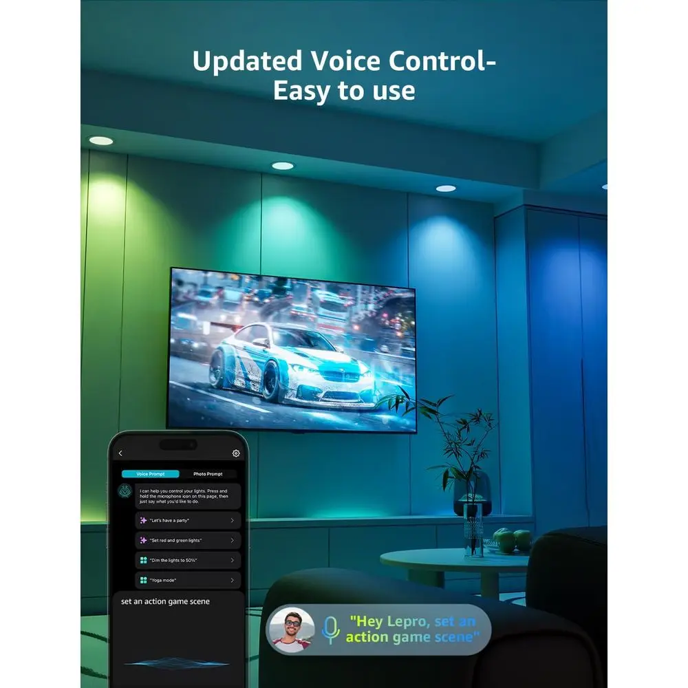 Luz LED Embutida de 6 Polegadas - Designer de Iluminação Personalizado com IA, Luzes Quentes Reguláveis que Sincronizam com Música, Downlights Inteligentes que Funcionam com Wi-Fi