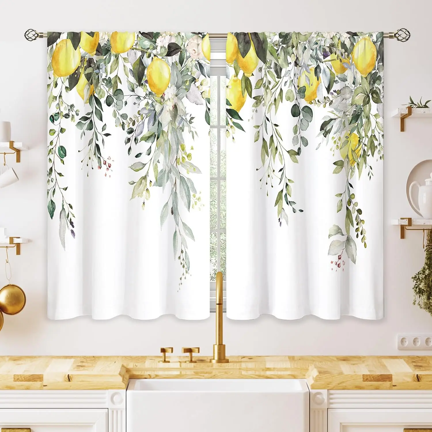 Yellow Lemon & Sage Green Eucalyptus Short Curtains, Botanical Fruit Tier Drapes for Kitchen Sink Cafe Bathroom Window Decor
