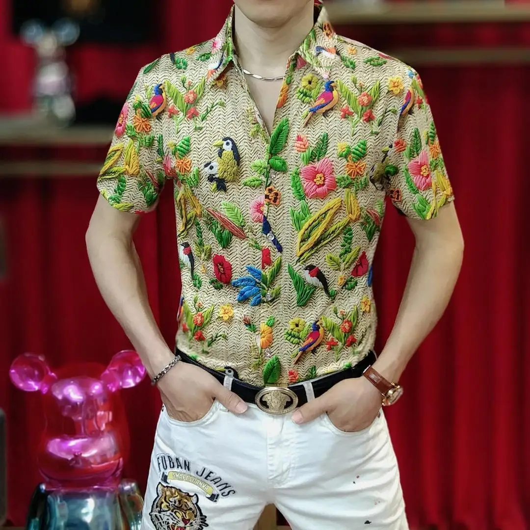 

Новая летняя мужская повседневная модная рубашка из тонкого шелка, трендовая, легкая, приталенная, с воротником, универсальная, из ледяного шелка, с коротким рукавом