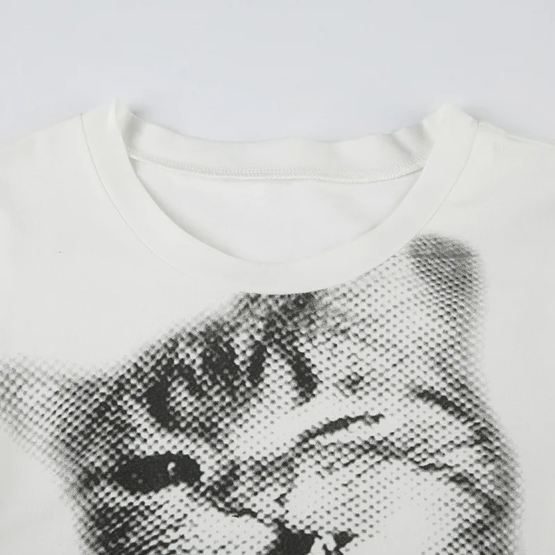 T-Shirt mit Wildkatzenmuster, niedrigem Pixel-Aufdruck, Rundhalsausschnitt, kurzen Ärmeln, Retro-Stil, vielseitig kombinierbar, figurbetontes, kurzes Oberteil – Detail 17
