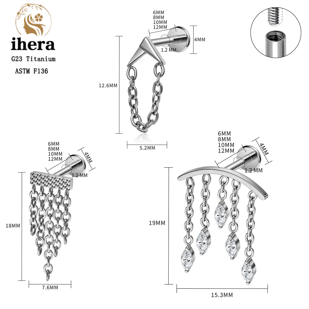 ASTM F136 Titanium Ear Cartilage Earrings Internal Thread 16G Hidden Helix Stud CZ Drape Chain Flat Back Tragus Piercing Jewelry