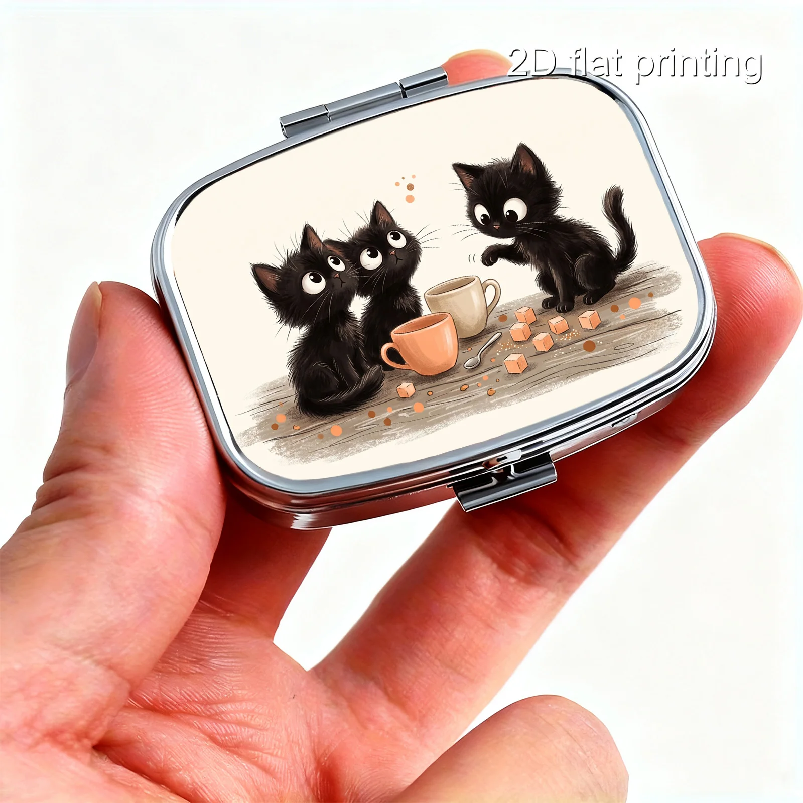 Flat Printing, Portable Mini Double-Compartment Pill Box, Small Black Cat Afternoon Tea Print, Travel Medicine Storage Box, Sealed and Moisture-Proof, Capsule Vitamin Storage Box, Portable Small Pill Box