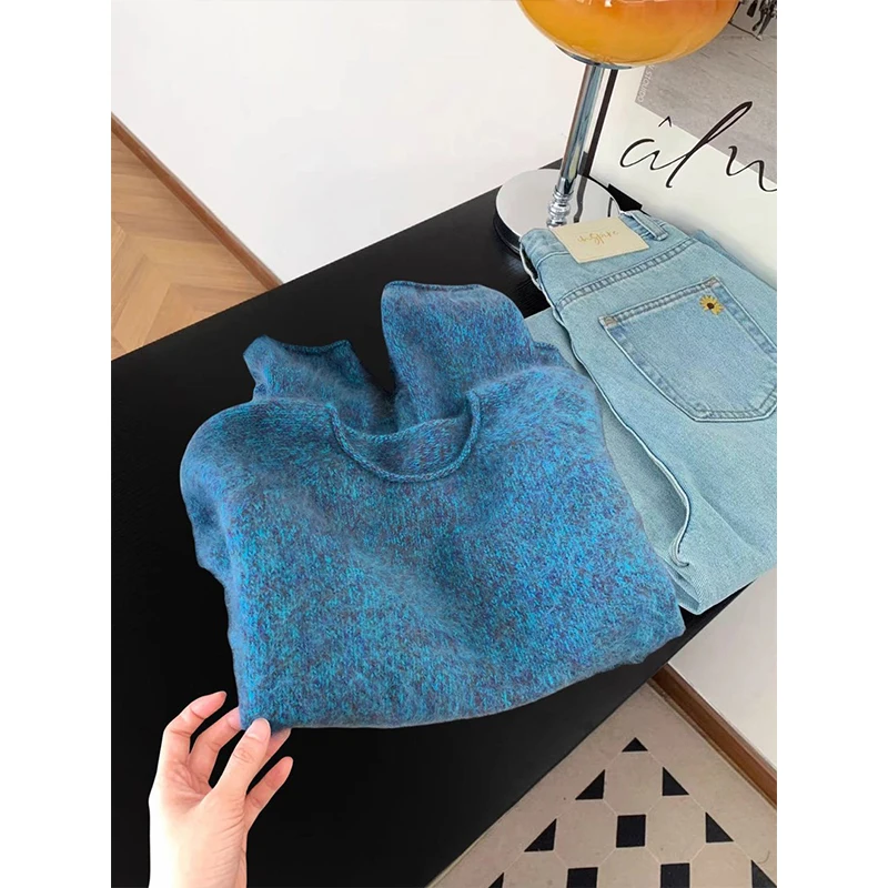 

Мягкий уютный синий вязаный свитер в рубчик, женский осенне-зимний круглый пуловер Ne, повседневный цветной топ высокого качества
