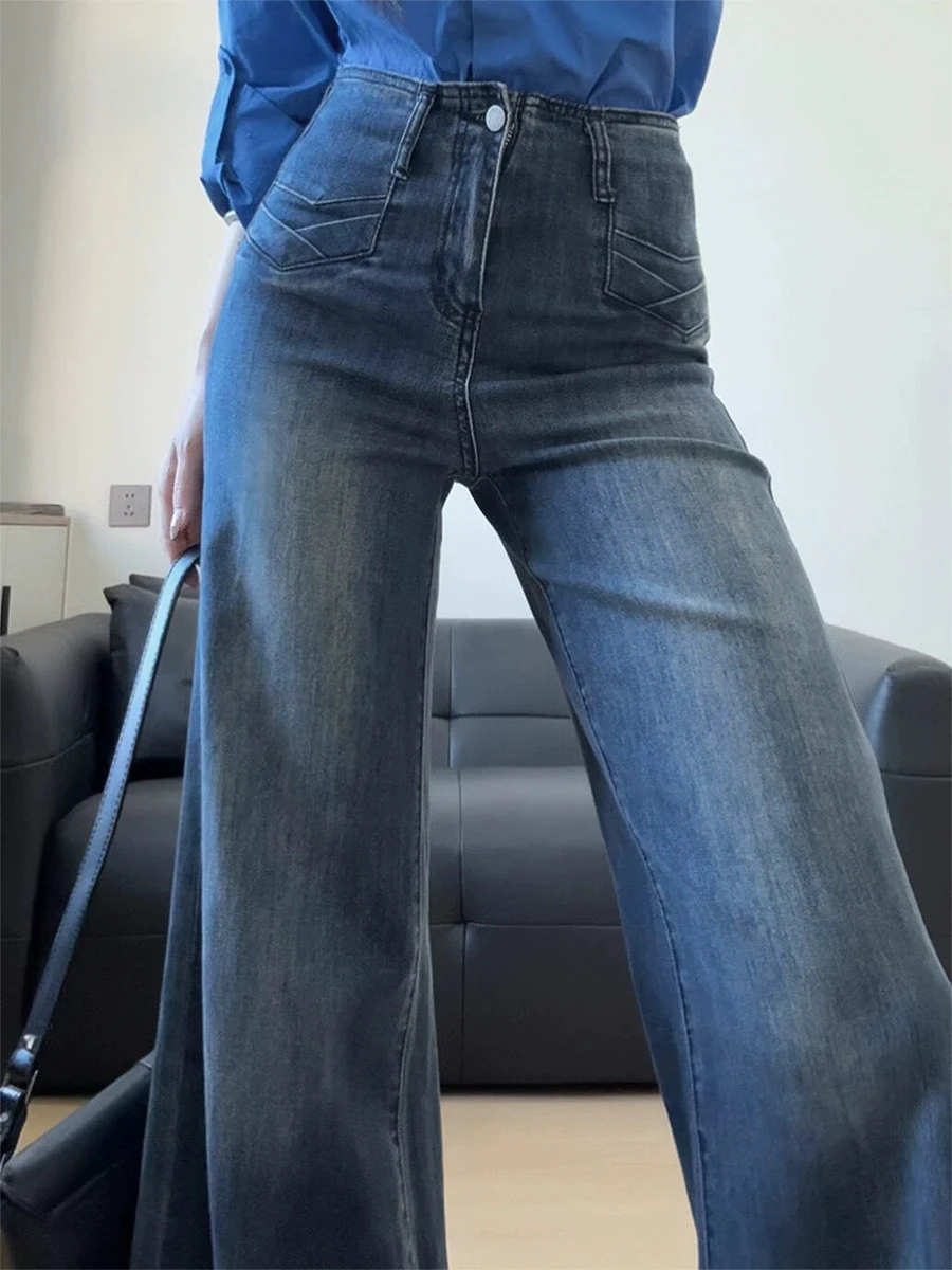 

Джинсы-клеш женские больших размеров с высокой талией, свободного кроя, повседневные, из эластичного хлопкового денима, синие, для фигуры «груша», весна-осень