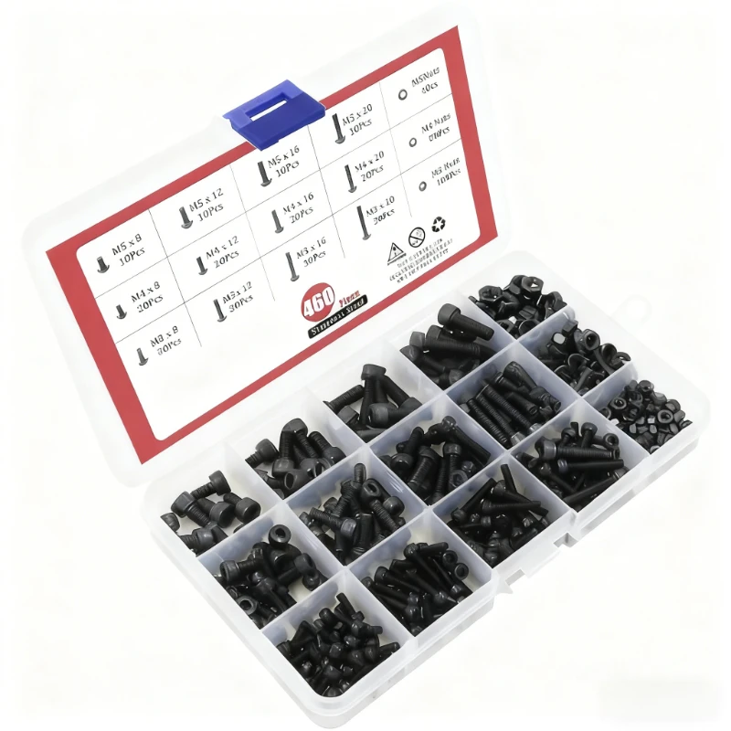 

460Pcs black carbon steel screw set M3 M4 M5 X 8/12/16/20,Allen Hexagon Hex Socket cap Round Head Screw Bolt Nut Assortment Kit