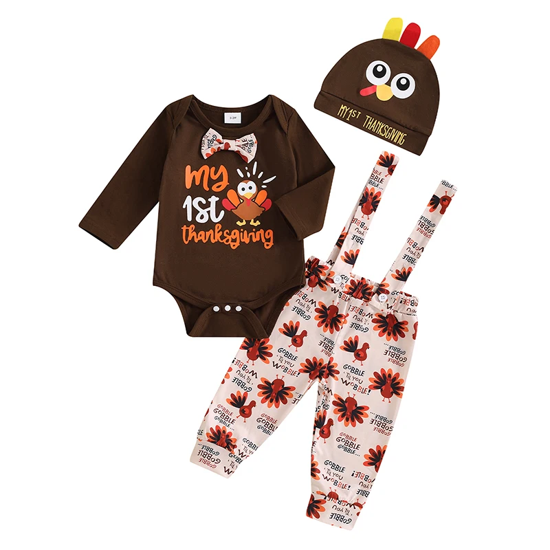 

Baby Thanksgiving Outfits Long Sleeve Romper with Turkey Pattern Suspended Long Pants and Hat 3 Pcs Set