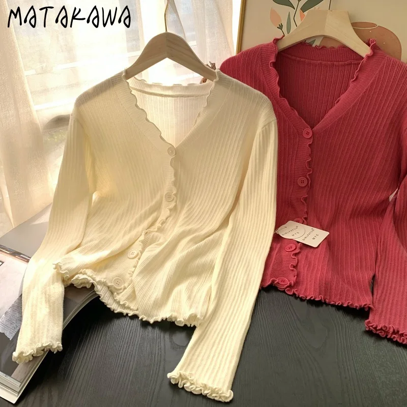 Matakawa Thin Short Cardigans Solid Ruffles Spring Summer Sweet Vintage Women Sweaters Korean Fashion Elegant Sueter De Mujer