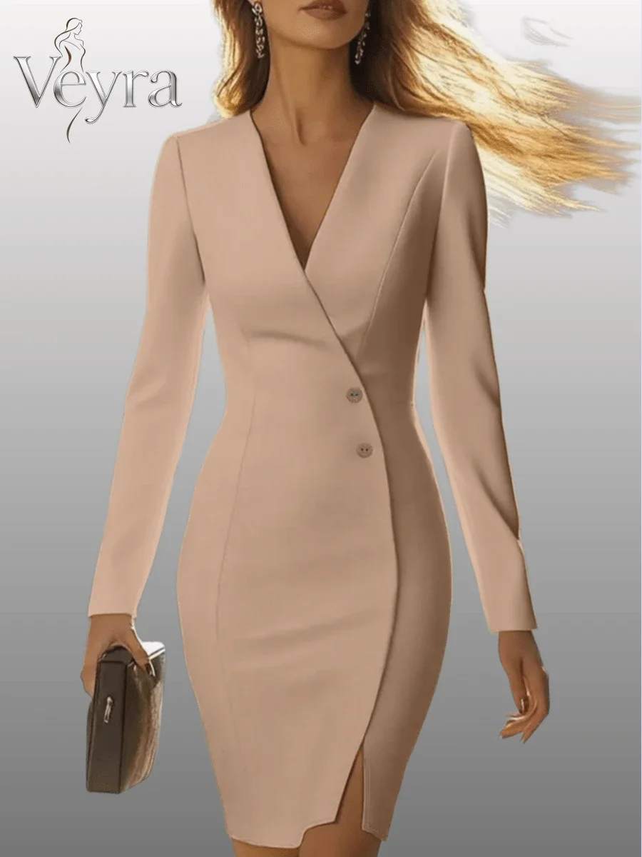 

Beige V-Neck Long Sleeve Wrap Dress With Front Buttons And Side Slit For Chic Fall Elegance