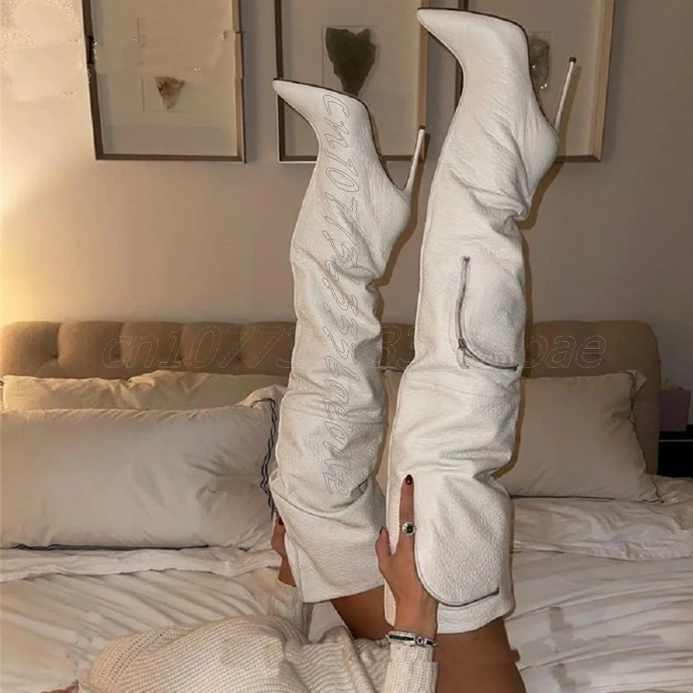 

Cool Matte Leather Zipper High Heel Boots Sharp Pointed Toe Knee High Pull up Boots Women's Fashion 2025 Zapatos Para Mujere