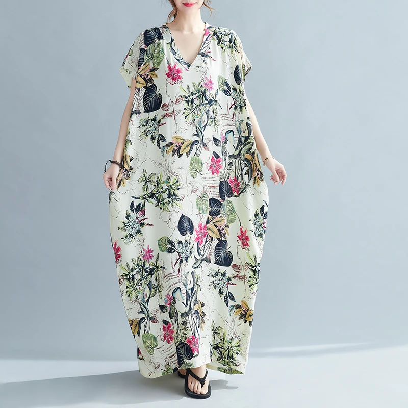 Floral Print Long Robe Summer New V-ne Loose Dr Knee-length Ethnic Sle Women's Clothing Commute Artistic Loose Waist
