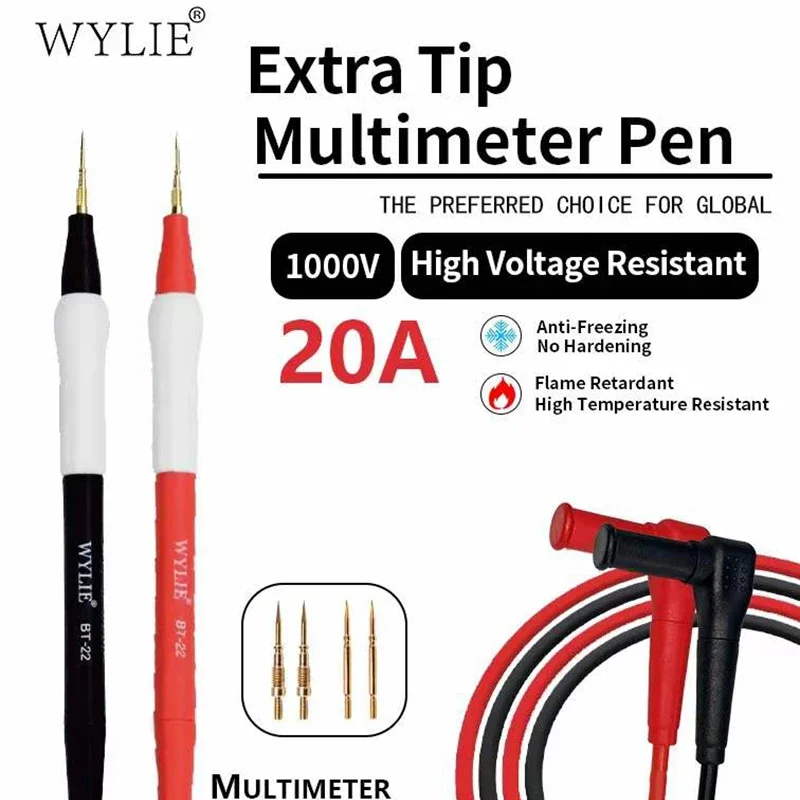 

WYLIE 1000V 20A Gold-plated Copper Needle Tip Wire Probe Test Leads Pin Universal Digital Multimeter Multi Meter Tester Pen