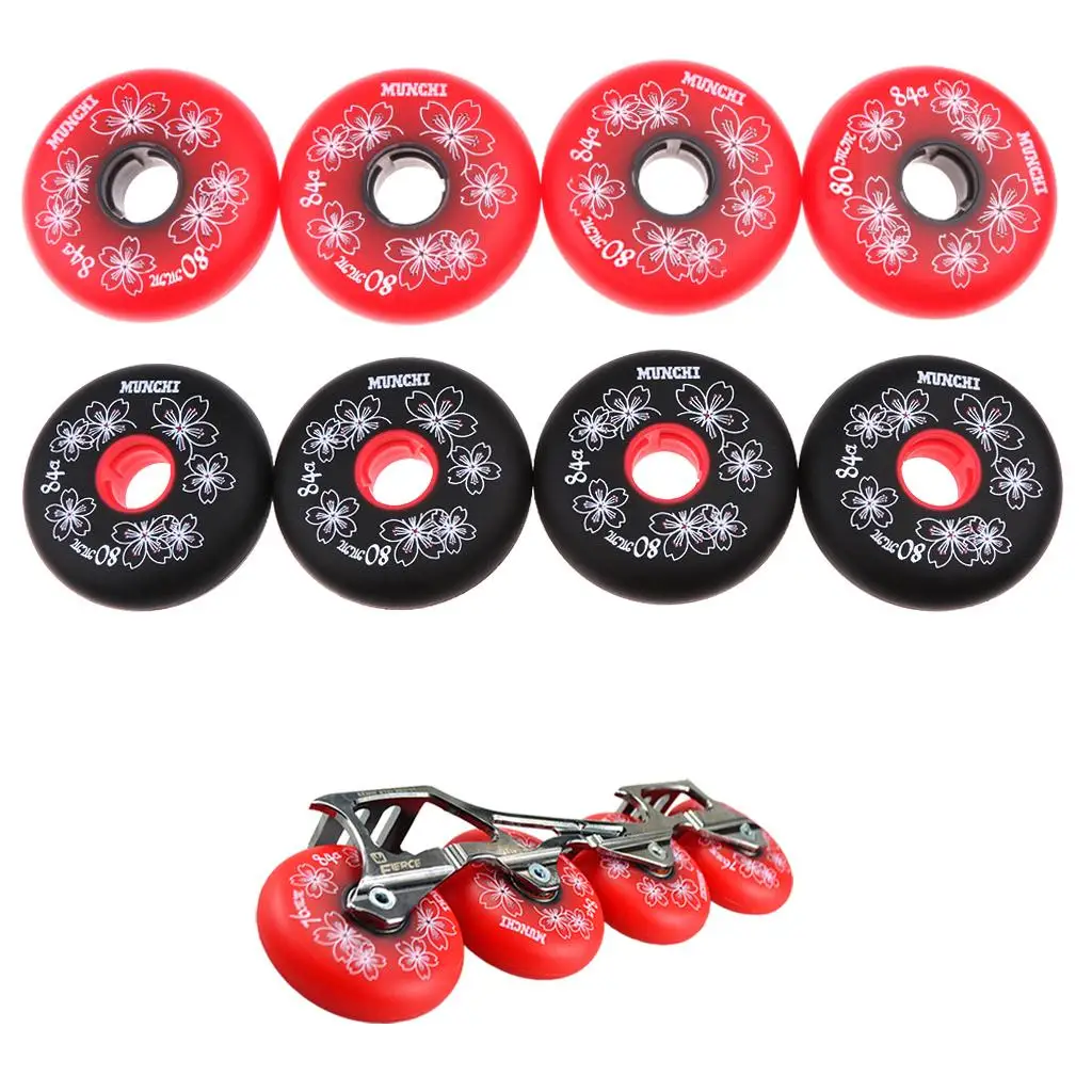 4/Set Inline Skating Wheels Replacement Roller Hockey Wheels 84A, Black/Red,