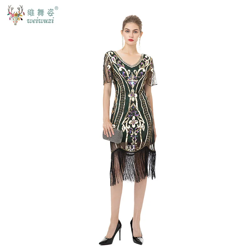 1920s المرأة قصيرة الأكمام الخامس الرقبة الترتر الخرزة التطريز فساتين الحفلات الزعنفة غاتسبي زي كوكتيل فساتين السهرة #1