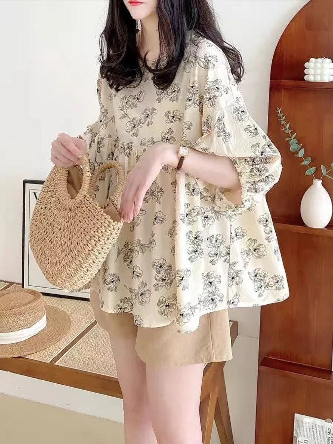 甘い花柄プリントドールシャツラウンドネックパフィースリーブレディースサマーカジュアルルーズフィットトップ半袖プリントカジュアルシャツ