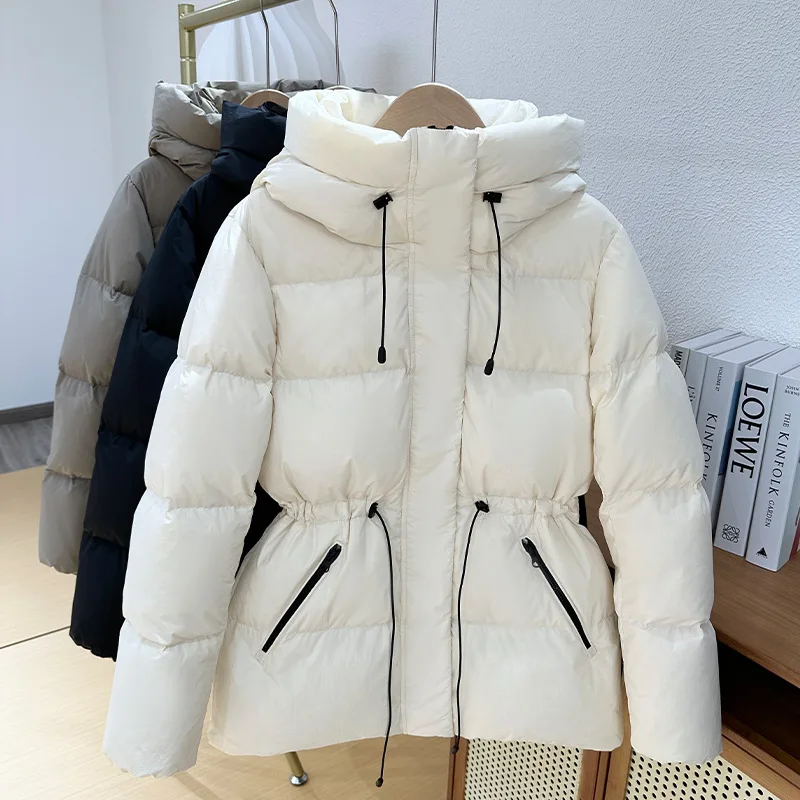 Down Jacket Women White Duck Down Waistband Hooed Thickened Mid-Length Coats Fashionable Warm Jacket for Winter 2023 Loose Tops