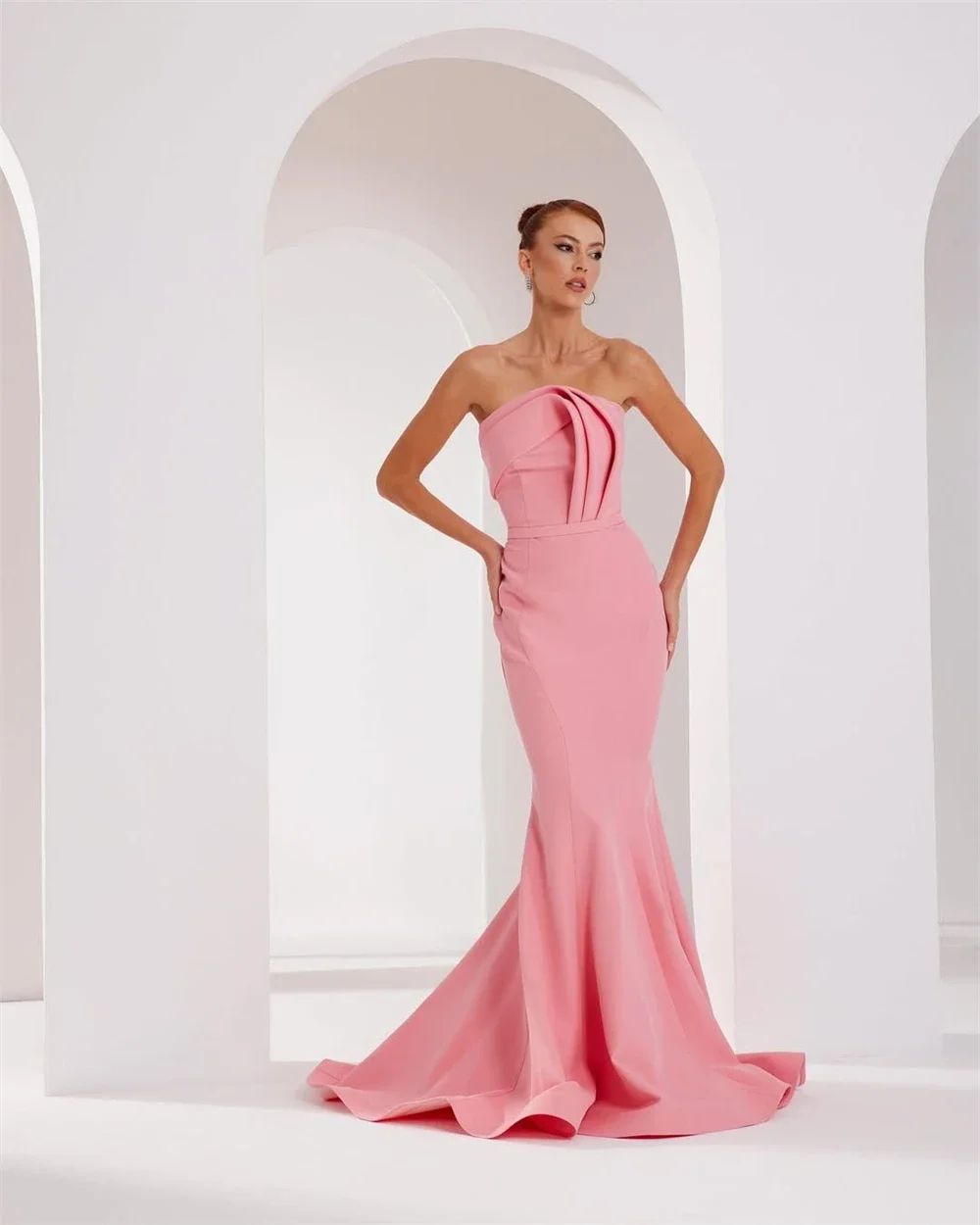 Pink Strapless Ruched Mermaid Evening Gown Belted Train Maxi Dress Women's Formal Party Prom Gala Dress