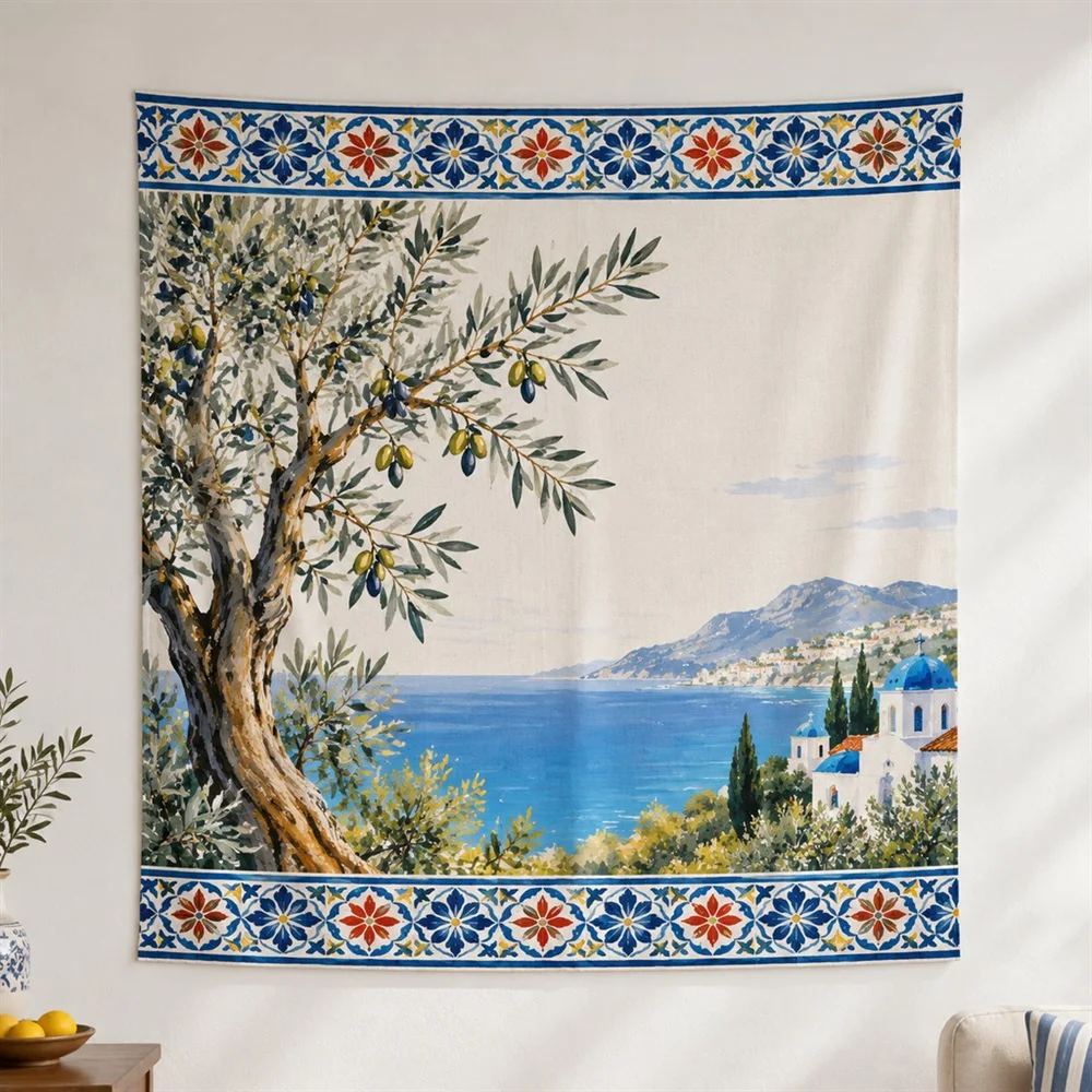 VIKAMA Olive Tree Grove Twin Bands Tapestry Wall Hanging, Mediterranean Wall Art Tapestries for Living Room Bedroom Office Study